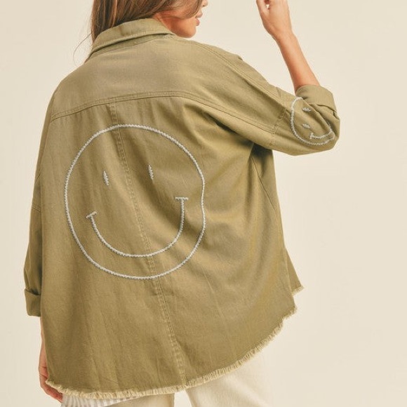 Miou Muse Womens Shacket Shirt Cotton Raw Hem Smiley Face Design Distressed - Picture 5 of 14